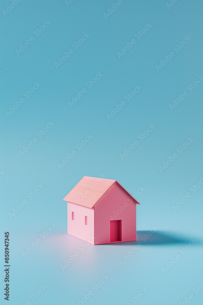 minimalistic pink house on a blue background, isometric visualization.Minimal creative real estate concept.Top view minimalistic pink house on a blue background, isometric visualization.Minimal creative real estate concept.Top view