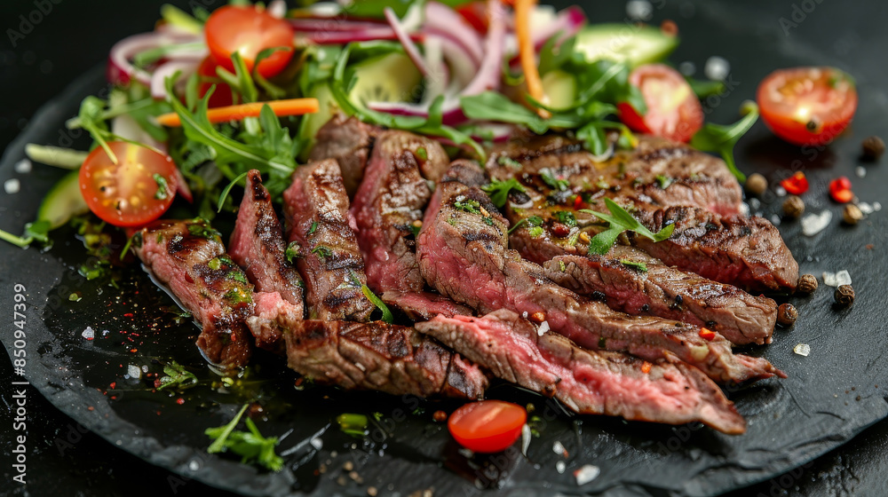 A steak is served with a salad and a side of vegetables A steak is served with a salad and a side of vegetables