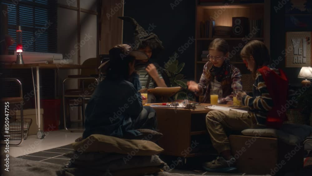 Side long shot of multiethnic kids in costumes winning table game and cheering at home in evening Side long shot of multiethnic kids in costumes winning table game and cheering at home in evening