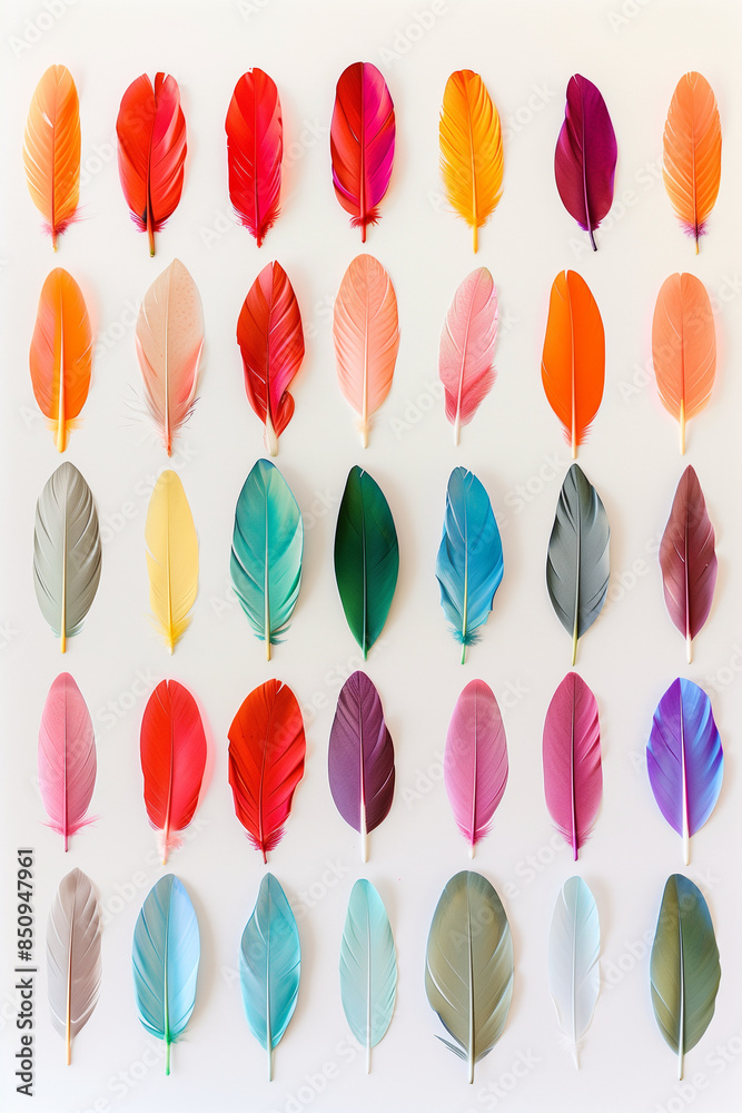 Colorful feathers arranged in rows on a white background. Colorful feathers arranged in rows on a white background.