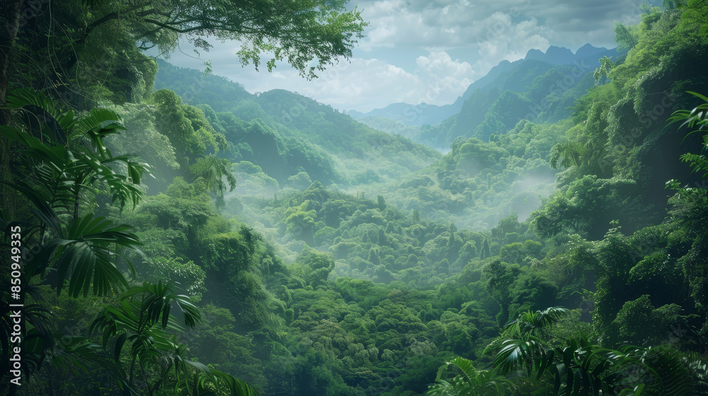 A lush green jungle with a misty, cloudy sky A lush green jungle with a misty, cloudy sky