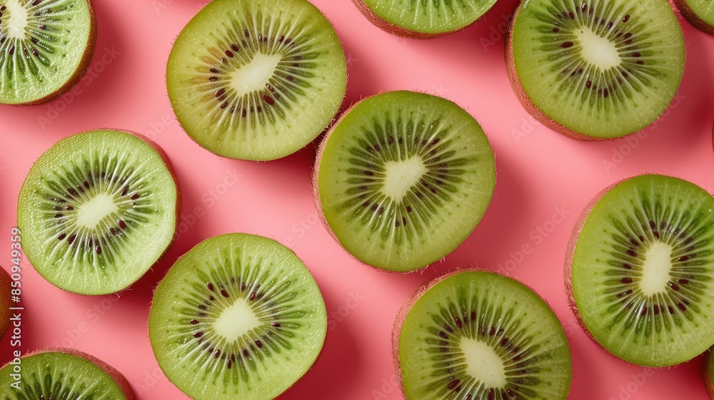 Fototapeta premium Fresh Kiwi Slices Pattern on Pink Background: Vibrant and Refreshing