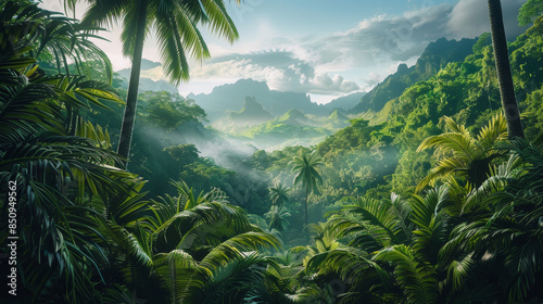 A lush green jungle with a cloudy sky in the background