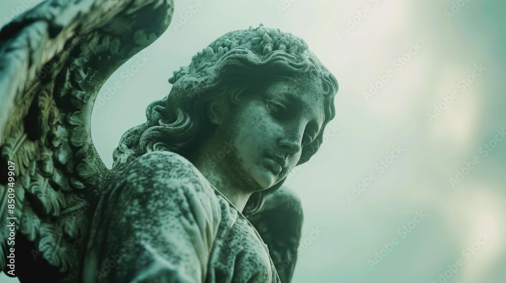 A close-up view of a beautiful statue of an angel, perfect for use in illustrations, decorations, or inspirational themes A close-up view of a beautiful statue of an angel, perfect for use in illustrations, decorations, or inspirational themes