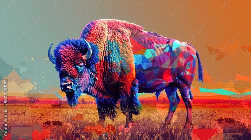 Obraz premium Geometric Bison in Vivid Field - Abstract Digital Art with Bold Colors and Modern Style