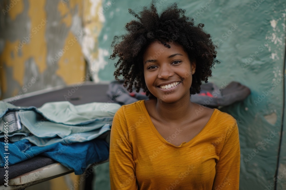 Fototapeta premium A happy woman standing in front of a lush green wall, with a warm and inviting smile