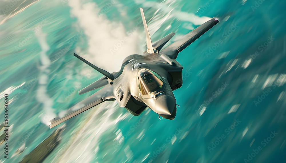 Naklejka premium Warplane in Action Over the Sea, Aerial Dominance, Combat Aircra