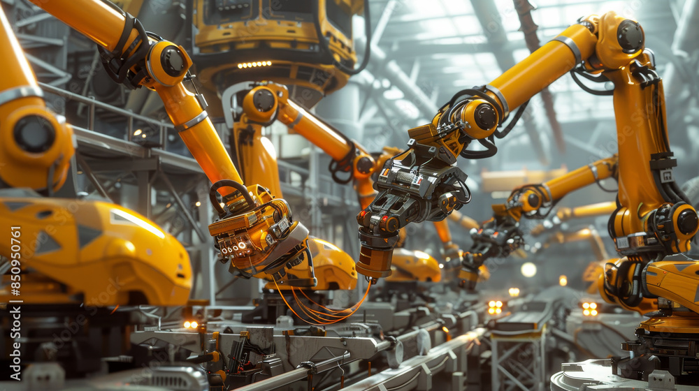 A factory with robots working on a machine A factory with robots working on a machine
