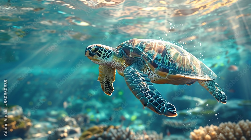 Fototapeta premium Vibrant Underwater Scene with Majestic Sea Turtle Gliding Through Pristine Ocean Waters