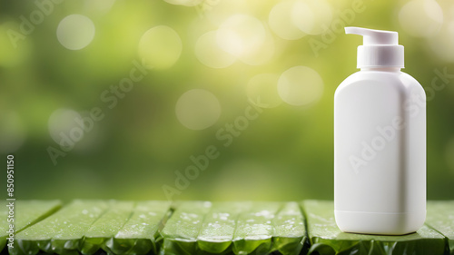 Mockup of White Plastic Bottle with Green Bokeh Background free space on the right side for adding text or logos