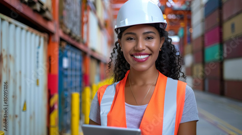 A woman wearing a safety vest and a hard hat is smiling and holding a tablet