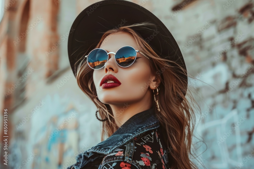 Portrait of a fashionable young woman wearing heartshaped sunglasses and a trendy hat outdoors Portrait of a fashionable young woman wearing heartshaped sunglasses and a trendy hat outdoors