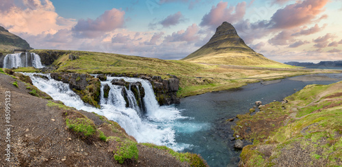 Fantastic landscape with Kirkjufell volcano and the coast of Snaefellsnes peninsula