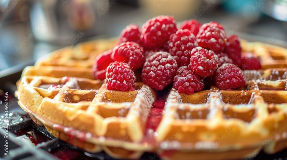 A waffle topped with fresh raspberries and powdered sugar, perfect for breakfast or brunch A waffle topped with fresh raspberries and powdered sugar, perfect for breakfast or brunch