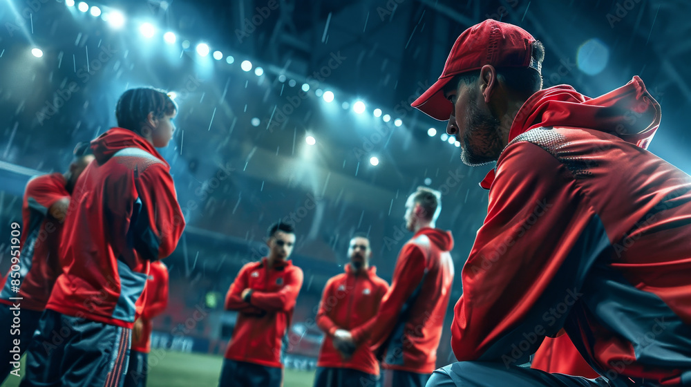A group of men in red jackets are huddled together on a field A group of men in red jackets are huddled together on a field