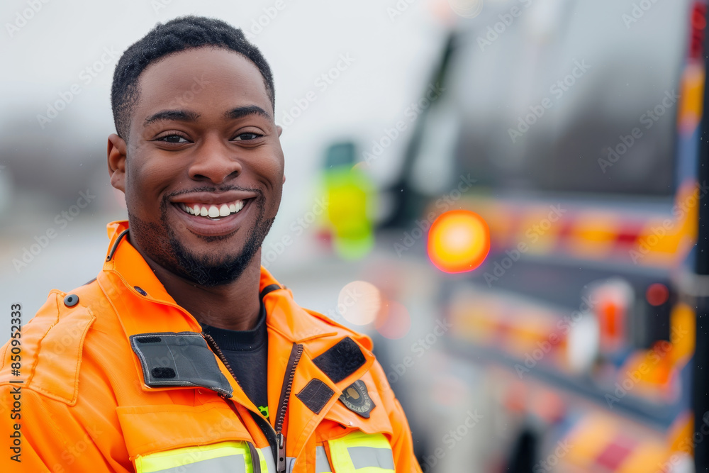 Naklejka premium A smiling man in an orange jacket stands in front of a fire truck