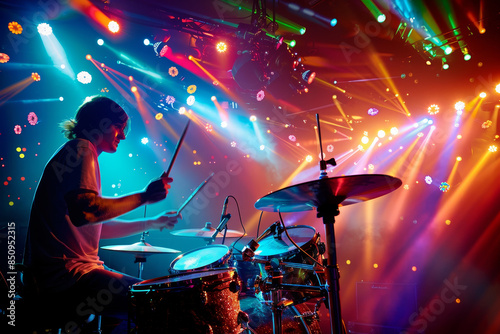 Wallpaper Mural A man is playing drums in a brightly lit room with colorful lights Torontodigital.ca