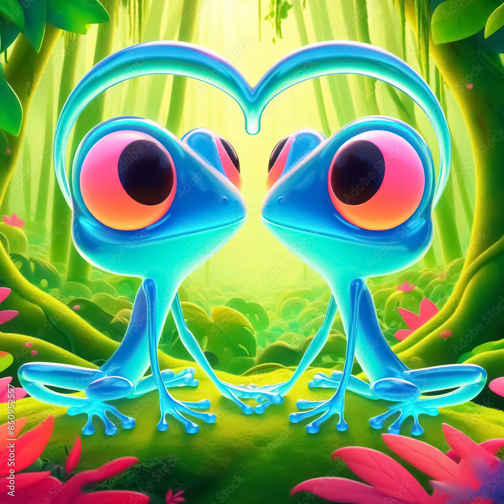 Fototapeta premium 3D glass frog cartoon in love. Funny illustration of wild animals for cards