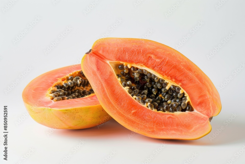 Two fresh papaya halves lie on a clean white surface, ready for use or display Two fresh papaya halves lie on a clean white surface, ready for use or display