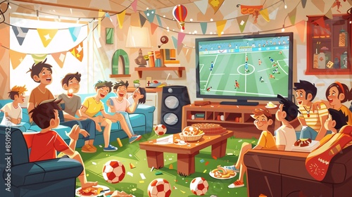 Cheerful Family Watch World Cup Match at Home with Snacks and Decorations