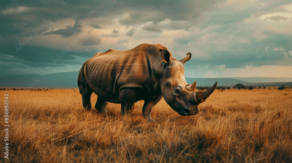 Obraz premium A rhino is standing in a field of tall grass