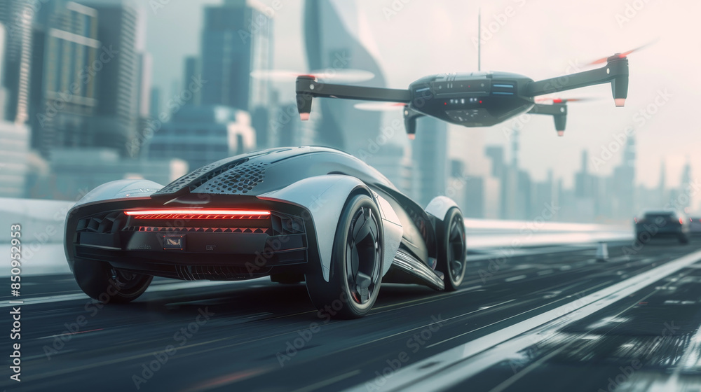 Obraz premium A futuristic car is driving down a road with a drone flying above it