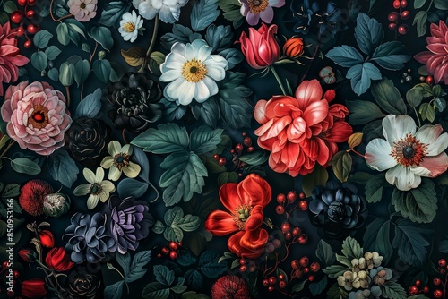 Digital illustration showcasing a rich variety of flowers and leaves with a moody vibe