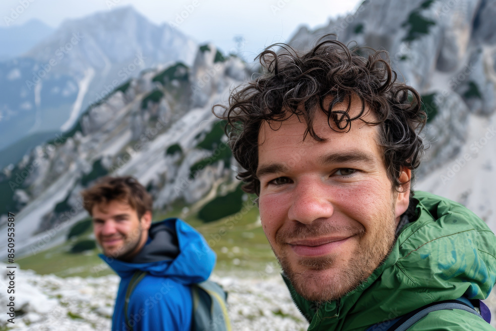 Two Smiling Hikers in Mountain Landscape at Midday Two Smiling Hikers in Mountain Landscape at Midday