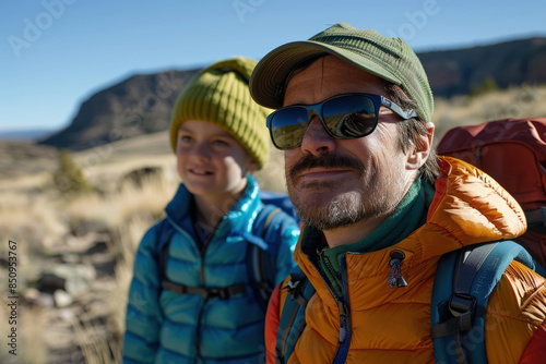 Father and Son Hiking in Desert at Sunrise