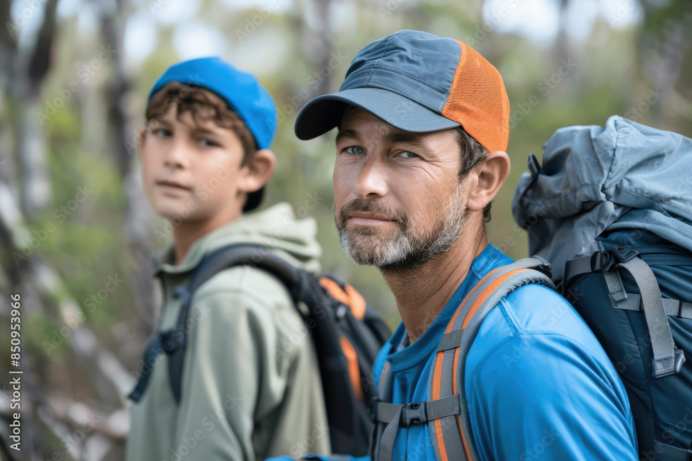 Father and Son Hiking in the Forest Father and Son Hiking in the Forest