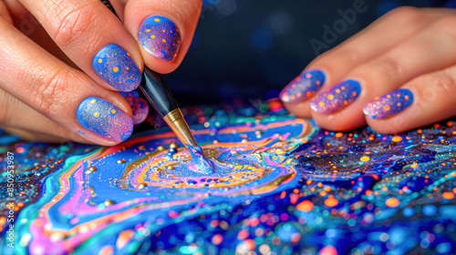 Close-up of hands with colorful nail art painting a vibrant, textured design on canvas using a fine brush. Artistic creativity in action. photo