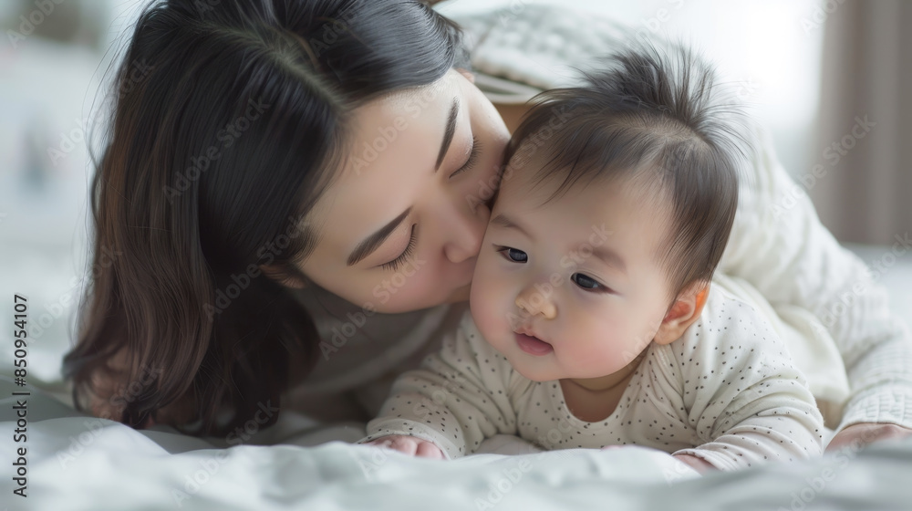 A woman is kissing a baby on its head A woman is kissing a baby on its head