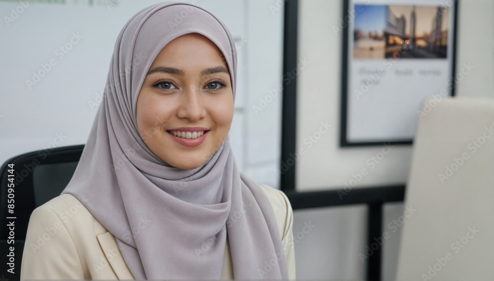 Muslim Woman wearing formal clothes and hijab smiling in the office Muslim Woman wearing formal clothes and hijab smiling in the office