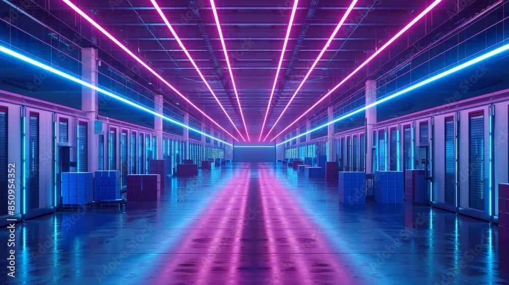 Futuristic Neon Lit Data Center with Reflective Floor and Rows of Servers Futuristic Neon Lit Data Center with Reflective Floor and Rows of Servers