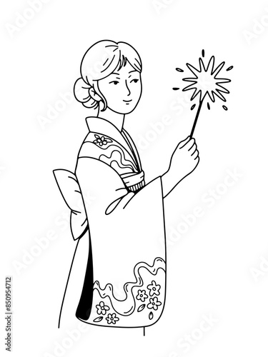 Japanese Woman in kimono with sparklers in hand. Hand drawn doodle illustration. Star festival Tanabata and Summer festival. Traditional Japanese clothing. Festive vector illustration for invitation.