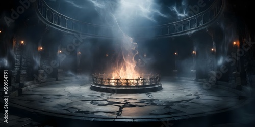 Enchanting Scene of Smoke Swirling Around a Circular Platform. Concept Fantasy Photography, Atmospheric Effects, Mystical Ambiance, Artistic Composition, Circular Platform
