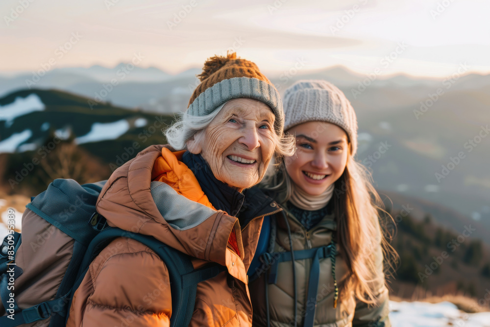 Senior and Young Woman Hiking at Sunset in Mountainous Landscape Senior and Young Woman Hiking at Sunset in Mountainous Landscape