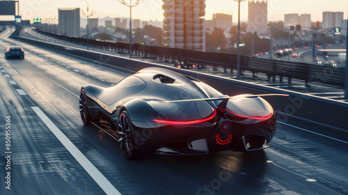 A futuristic car is driving down a highway with a city in the background