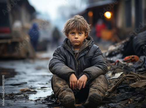 little boy sitting cross-legged on the floor at migrating from war, tragic scene © Kholoud