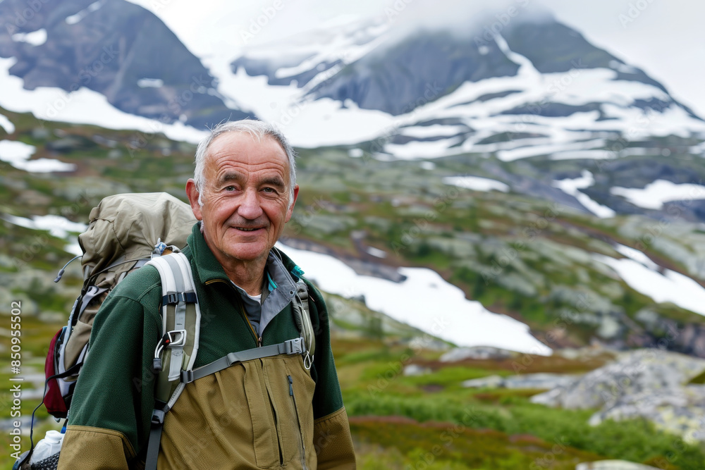Senior Hiker Exploring Snow-Covered Mountain at Dawn Senior Hiker Exploring Snow-Covered Mountain at Dawn