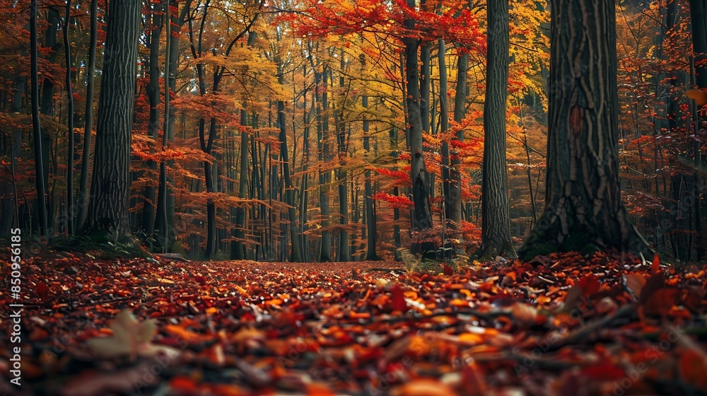 Fototapeta premium Serene Autumn Forest with Golden Leaves and Sunlight Streaming Through Trees in a Tranquil Nature Scene