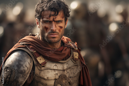 Ancient Roman soldier in combat on a battlefield. Topics related to ancient Rome. Combat in ancient Rome. Historical reconstitution. Eternal Rome. Ancient Rome video games.