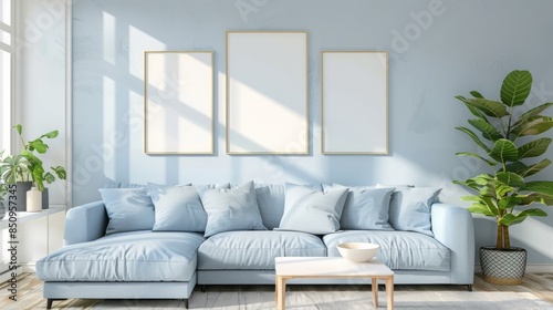 Fototapeta Naklejka Na Ścianę i Meble -  Mockup frames of various sizes on the wall of living room.