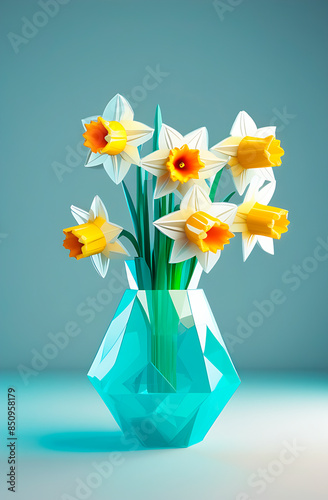 Six daffodils in blue polygonal style on the light blue background