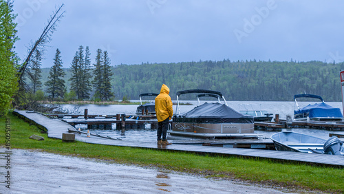 Rainy day at Narrows marina in Prince Albert National Park, Canada photo