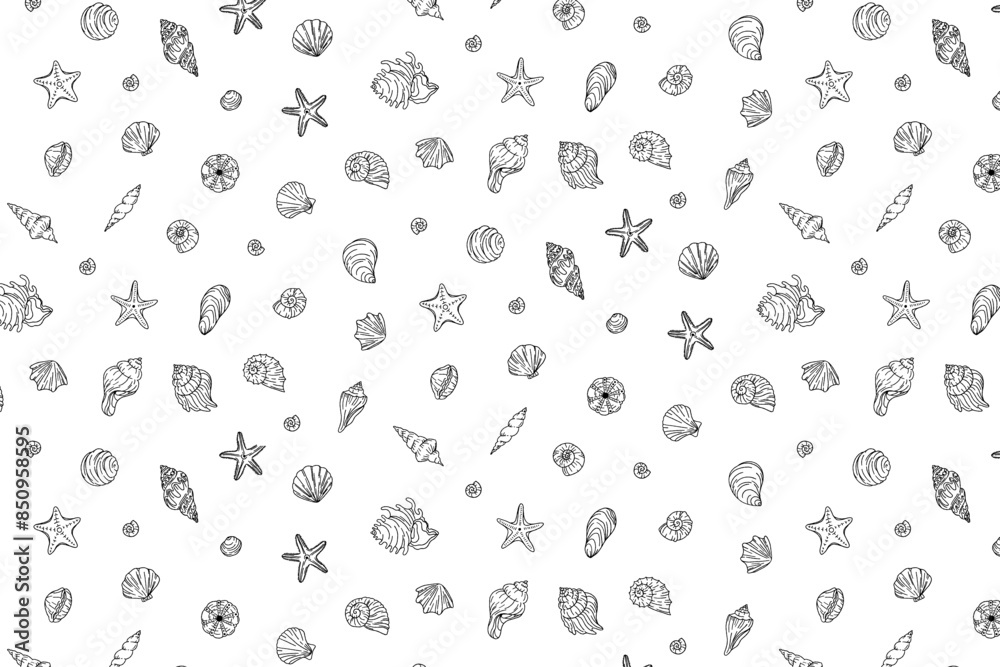 Seashells doodle hand drawn wallpaper. Ocean seashell, starfish spiral mollusk. Elements of water design repeat the ornament. Outline vector fabric texture Seashells doodle hand drawn wallpaper. Ocean seashell, starfish spiral mollusk. Elements of water design repeat the ornament. Outline vector fabric texture