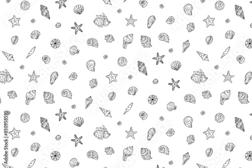 Seashells doodle hand drawn wallpaper. Ocean seashell, starfish spiral mollusk. Elements of water design repeat the ornament. Outline vector fabric texture