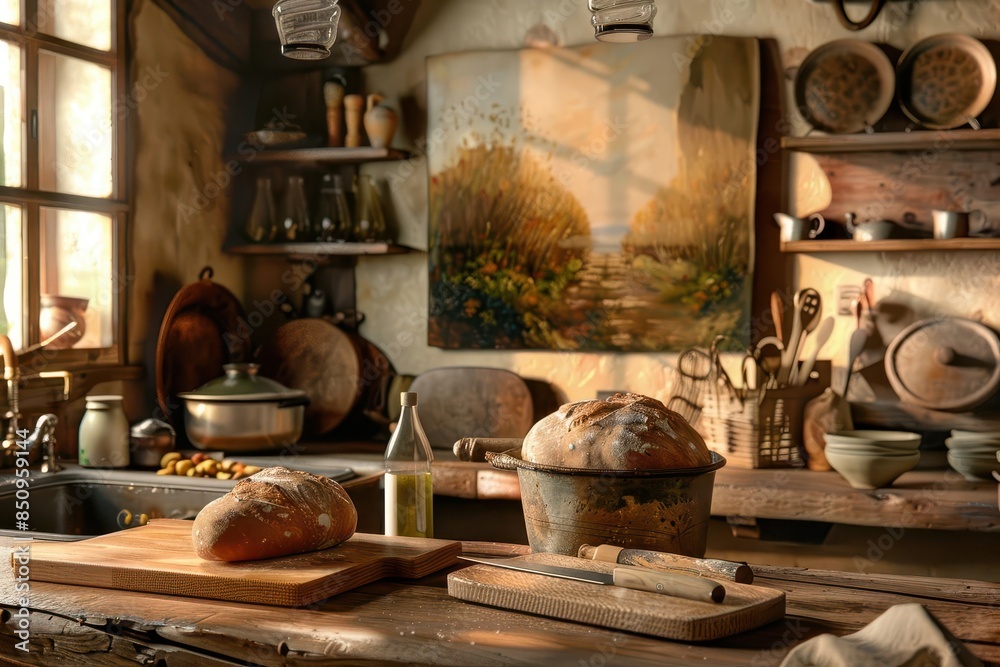 cozy rustic kitchen interior with warm lighting and fresh baked bread inviting traditional oil painting cozy rustic kitchen interior with warm lighting and fresh baked bread inviting traditional oil painting
