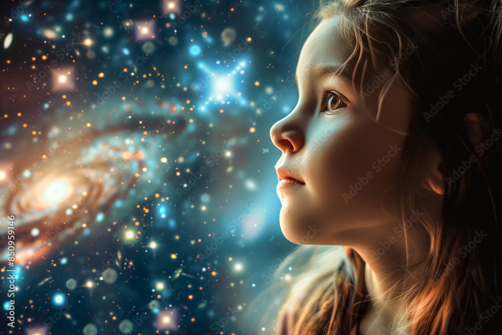 Portrait of little girl dreaming of seeing space and galaxies, as reflection of child mental health.Magic of traveling in Galaxy.Selective focus.Closeup.Generative AI Portrait of little girl dreaming of seeing space and galaxies, as reflection of child mental health.Magic of traveling in Galaxy.Selective focus.Closeup.Generative AI