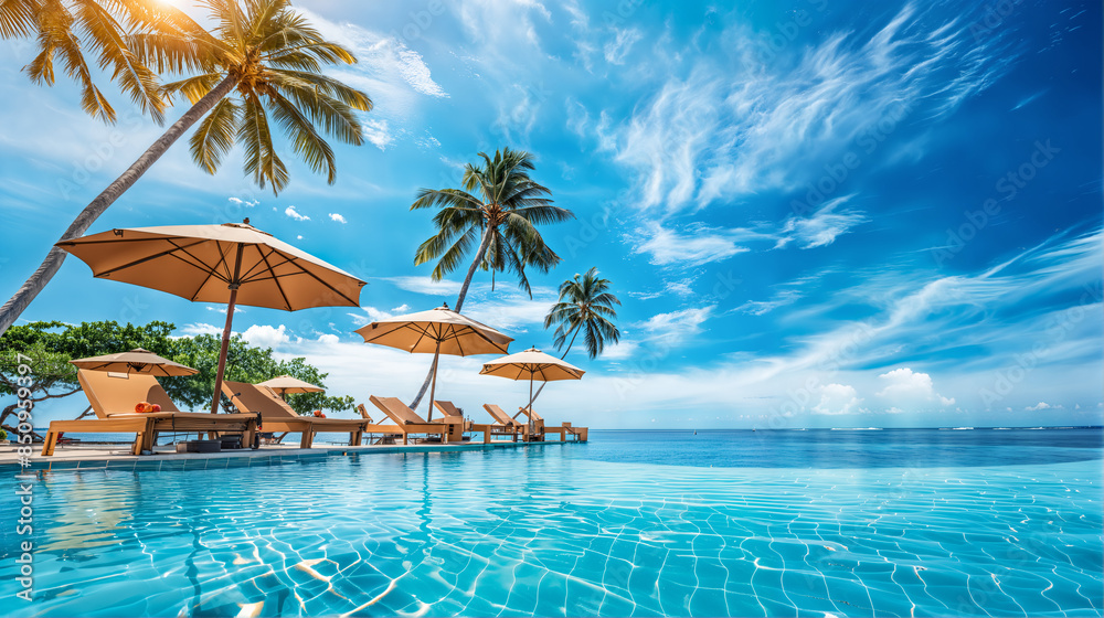 Luxurious Tropical Resort Poolside with Palm Trees, Summer Vacation Paradise Party Concept Luxurious Tropical Resort Poolside with Palm Trees, Summer Vacation Paradise Party Concept